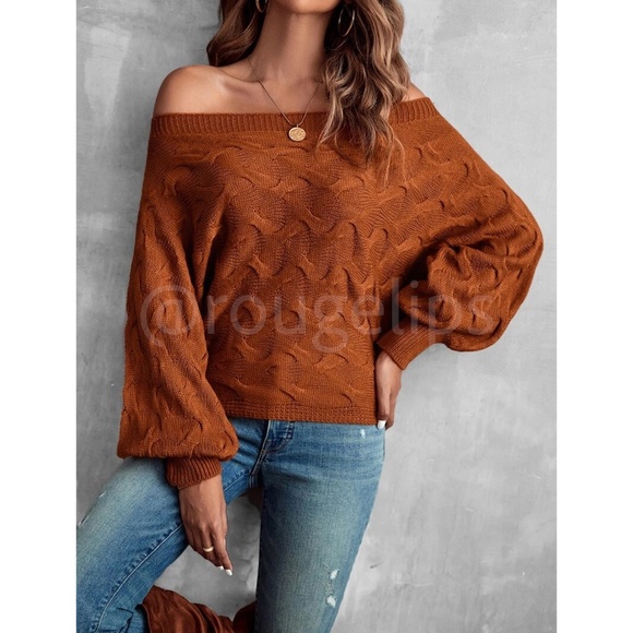 Off Shoulder Batwing Sleeve Rusty Brown Knit Sweater - Picture 4 of 8